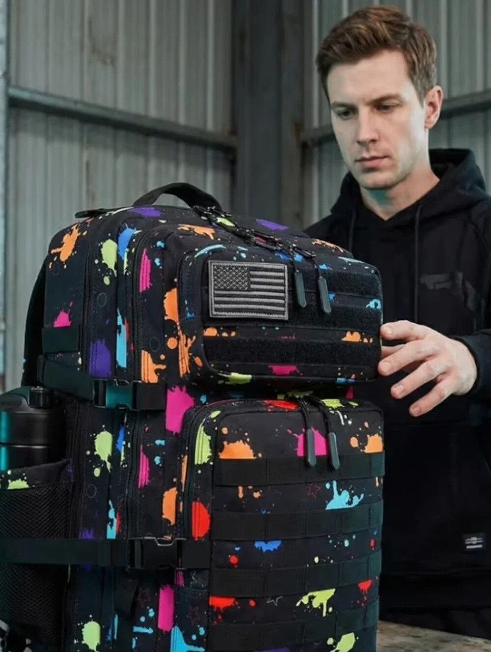 Tactical Backpack for Men - Black with Multicolor Paint Splatter